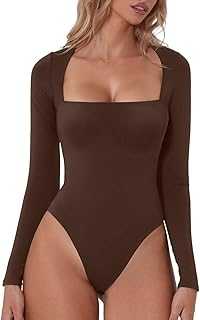 QINSEN Women's Sexy Square Neck Bodysuit Long Sleeve Double Lined Shirt Tops