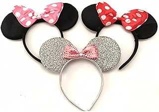 3 Minnie Mouse Black Red Pink Silver Bow-Mickey Mouse Ears Headband Costume