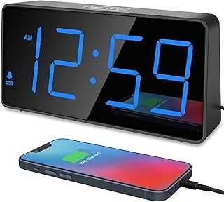 Digital Alarm Clock for Bedroom Bedside, Loud Alarm Clock for Heavy Sleepers, Large Big LED Numbers for Seniors, Battery Backup Plug in Electric Clock with USB Charger (Blue)