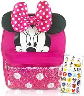 Minnie Mouse Backpack for Girls Toddlers Kids ~ Bundle Includes 12" Minnie Preschool Toddler Backpack with Ears, Bow and Magic Reversible Sequins and Stickers (Minnie Mouse School Supplies)