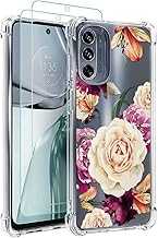 Osophter for Moto G62 5G Case with 2pcs Screen Protector Flower Floral for Girls Women Shock-Absorption Flexible TPU Rubber Phone Cover for Motorola Moto G62(Purple Flower)