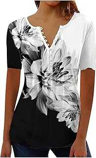 Summer Tops for Women 2025 Trendy Boho Floral Print Tunic Shirts Short Sleeve Button v Neck Tshirt Casual Loose Blouse