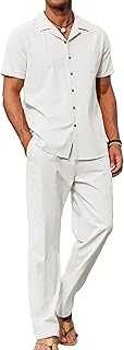 Men 2 Piece Linen Outfit Beach Button Down Shirt Casual Loose Pant Sets