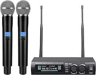 Wireless Microphone System, Dual UHF Metal Cordless Mic Set, Long Distance 150-200Ft,16 Hours Continuous, Fixed Frequency, Use for Karaoke Singing, Family Party,Church (CH.01&02)