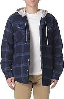 Men's Long Sleeve Quilted Lined Flannel Shirt Jacket with Hood