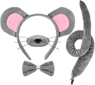 4 Pieces Mouse Ears and Tail Set-Grey Mouse Headband Tail Nose Bow Tie Cosplay Party Halloween Costume Accessories for Kids and Adults