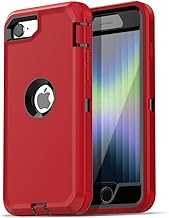 for iPhone SE Case 3rd & 2nd Generation, for iPhone SE 2022/2020 Built-in Screen Protector Heavy Duty Protective Shockproof 3-Layer Full Body Rugged Phone Cover, Red/Black