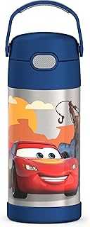 FUNTAINER Water Bottle with Straw - 12 Ounce, Cars - Kids Stainless Steel Vacuum Insulated Water Bottle with Lid