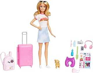 Doll & Accessories, Travel Set with Puppy and 10+ Pieces, Suitcase Opens & Closes, Malibu Doll with Blonde Hair