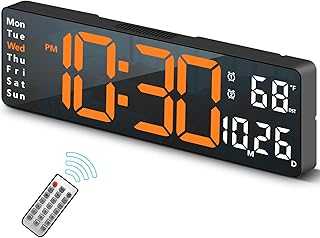 Digital Wall Clock for Living Room Decor, Desk Alarm Clock for Bedroom, Large Wall Clock with Remote Control, Automatic Brightness Dimmer LED Clock with Date Temperature Week (Orange-B)