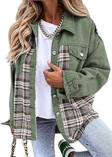 SHEWIN Women's Oversized Denim Jacket Casual Long Sleeve Button Down Plaid Shacket Boyfriend Jean Jacket With Pockets