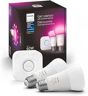 Smart Light Starter Kit - Includes (1) Bridge and (2) 60W A19 LED Bulb, White and Color Ambiance Color-Changing Light, 800LM, E26 - Control with App or Voice Assistant