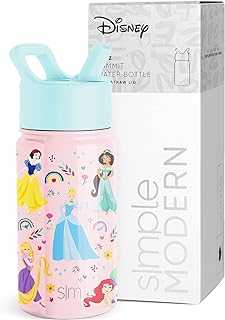 Disney Princess Kids Water Bottle with Straw Lid | Reusable Insulated Stainless Steel Cup for Girls, School | Summit Collection | 14oz, Princess Rainbows