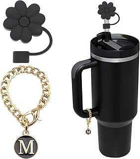 Stanley Cup Accessories, 1pc Flower Stanley Straw Cover Silicone Straw Topper for Stanley 30&40 oz Tumbler with Handle and 1pc Initial Letter Charm for Stanley Cup (Letter M)