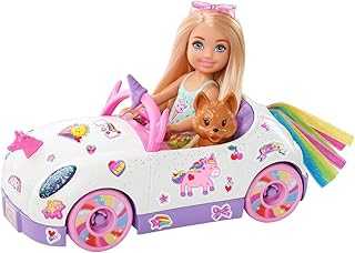 Chelsea Doll & Toy Car with Unicorn Theme, Blonde Small Doll in Removable Skirt, Pet Puppy, Sticker Sheet & Accessories