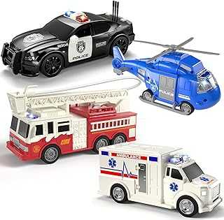 4 Pack Emergency Vehicles for Kids, Helicopter, Police Car, Fire Truck, Ambulance Friction Powered Toys for Toddlers, Gifts for Age 3-12 Boys Girls