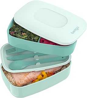 Classic - Adult Bento Box, All-in-One Stackable Lunch Box Container with 3 Compartments, Plastic Utensils, and Nylon Sealing Strap, BPA Free Food Container (Coastal Aqua)