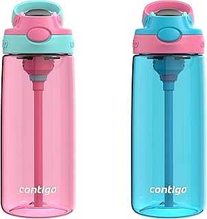 Aubrey Kids BPA-Free Water Bottle with Silicone Straw, Spill-Proof Lid, Dishwasher Safe, 20oz 2-Pack, Suitable for 3+ Years, Azalea/Jade & Blue Raspberry/Azalea