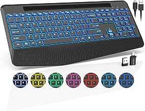 Wireless Keyboard with 7 Colored Backlits, Wrist Rest, Phone Holder, Rechargeable Ergonomic Computer Keyboard with Silent Keys, Full Size Lighted Keyboard for Windows, MacBook, PC, Laptop (Black)