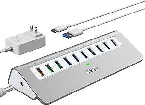 Powered USB Hub 10Gbps, 10 Port USB 3.1 Gen 2 Hub with 7 USB 3.1 Data Ports, 3 Fast Charging Ports, 36W Power Adapter, Type A and Type C Cable, Aluminum USB Data Hub for Mac, PC, Laptop