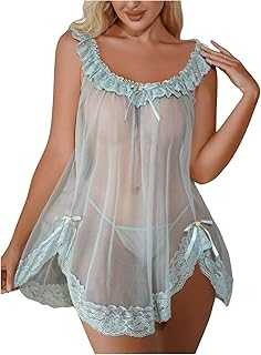 OYOANGLE Women's 2 Piece Mesh Sheer Floral Lace Babydoll Slip Dress Nightgowns and Thong Lingerie Set