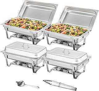 Chafing Dish Buffet Set, 8 Qt 4 Pack, Stainless Chafer w/ 4 Full Size Pans, Rectangle Catering Warmer Server w/Lid Water Pan Folding Stand Fuel Tray Holder Spoon Clip, at Least 8 People Each