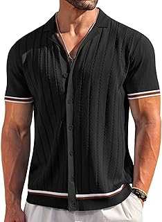 Men's Short Sleeve Knit Shirt Casual Button Down Shirt Vintage Striped Knitted Golf Beach Tops