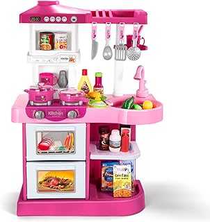 Play Kitchen Playset Pretend Food - 53 PCS Pink Kitchen Toys for Toddlers, Toy Accessories Toddler Set w/Real Sounds and Light, Toddler Outdoor Playset for Kids, Girls and Boys