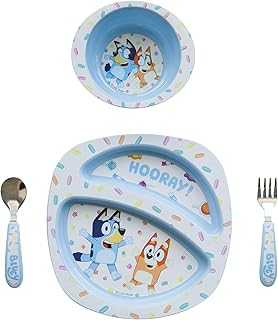 Bluey 4-Piece Place Setting - BPA Free Dishwasher Safe Toddler Dinnerware Set with Divided Plate, Bowl, Fork, Spoon - Multicolor