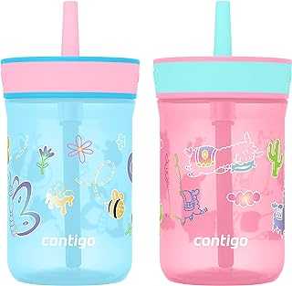 Leighton Kids Plastic Water Bottles, Spill-Proof Tumblers with Straw, Dishwasher Safe, 14oz 2-Pack in Blue Raspberry/Butterflies & Azalea/Llamas Themes - Ideal for Toddlers and Older Kids