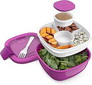 All-in-One Salad Container - Large Salad Bowl, Bento Box Tray, Leak-Proof Sauce Container, Airtight Lid, & Fork for Healthy Adult Lunches; BPA-Free & Dishwasher/Microwave Safe (Purple)