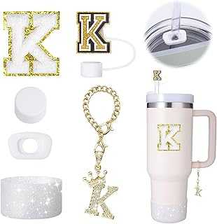 6pcs Cup Accessories Set for Stanley Cup 30 oz 40 oz Tumbler with Handle, Including Straw Cover Cap, Cup Initials Charm, Sticker, Silicone Boot, Round and Square Spill Proof Stopper,Letter K