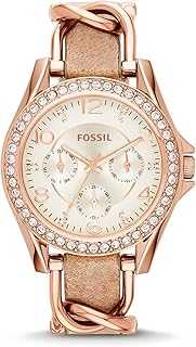 Women's Riley Quartz Stainless Steel and Leather Multifunction Watch, Color: Rose Gold, Sand (Model: ES3466)