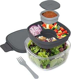 Glass All-in-One Salad Container - Large 61-oz Salad Bowl with Lid, 4-Compartment Bento-Style Tray, 3-oz Sauce Container, and Reusable Fork - Dishwasher, Microwave, and Oven Safe (Dark Gray)