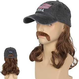 Mullet Hat Wig with Mustache 4th of July Hair Accessories Mens 80s Hat Wig Party (Brown)