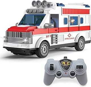 1/30 Remote Control Ambulance, 2.4G RC Play Ambulance Car Toy 4 Channel Electric Ambulance Vehicles Emergency Rescue Cars with Lights, Opening Door, Gifts for Kids Boys Girls Age 3 4 5 6 7