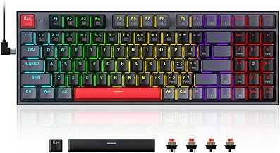 Mechanical Gaming Keyboard, Wired Mechanical Keyboard with 94 Keys, Programmable Macro Editing, Numeric Pad, Red Switches, Compact Keyboard Mechanical for Pc Mac Ipad, Black Gray