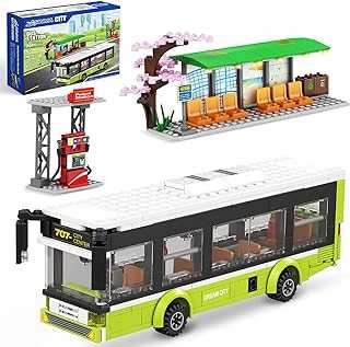 City Bus Station Building Toy Set,Includes a Bus, 6 Minifigures and a Gas Station, Bus Toy for Kids Ages 6+ Years Old,Great Gift Idea for Boys and Girls,Compatible with City Sets(415 Pcs)