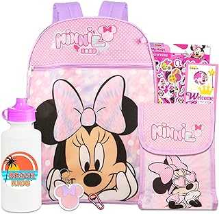 Disney Minnie Mouse Backpack with Lunch Box Set - Bundle with 15" Minnie Backpack, Minnie Mouse Lunch Bag, Stickers, Water Bottle, More | Minnie Mouse Backpack for School