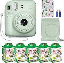 Fujifilm Instax Mini 12 Instant Camera + MiniMate Accessory Bundle & Compatible Custom Case + Fuji Instax Film Value Pack (50 Sheets) Flamingo Designer Photo Album (Mint Green)