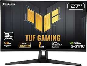 TUF Gaming 27” 1440P HDR Monitor (VG27AQ3A) – QHD (2560 x 1440), 180Hz, 1ms, Fast IPS, 130% sRGB, Extreme Low Motion Blur Sync, Speakers, Freesync Premium, G-SYNC Compatible, HDMI, DisplayPort