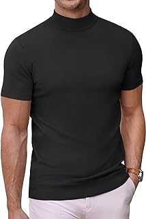 Mens Mock Turtleneck Sweater Short Sleeve Solid Color T-Shirts Basic Slim Fit Knitted Pullover Tees