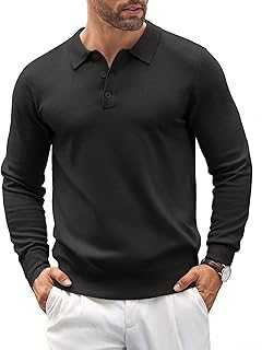 Mens Knit Polo Shirts Casual Long Sleeve Classic Polo Shirts Button Down Golf Shirts