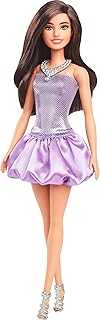 Fashionistas Doll #234 with Brown Hair, Wearing Sequined Purple Bubble Dress with Satiny Skirt, Silvery Necklace and Heels