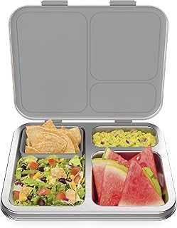 Kids Stainless Steel Leak-Resistant Lunch Box - Bento-Style Redesigned in 2022 w/Upgraded Latches, 3 Compartments, & Extra Container - Eco-Friendly, Dishwasher Safe, Patented Design (Silver)