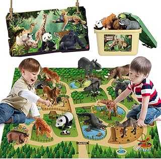 12 Pcs Safari Animals Figures Toys w/ 57x38.6’’ Large Activity Play Mat, Realistic Jumbo Jungle Wild Zoo Animals Figurines Playset w/Elephant, Giraffe, Lion for Kids Boys