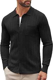 Men's Casual Knit Polo Shirts Long Sleeve Button Down Sweater Polo Ribbed Cardigan Sweater with Pocket