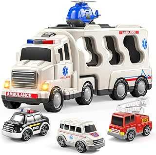 5 Pack Emergency Rescue Vehicle Toddler Truck Toys for 3 4 5 6 Year Old Boys, Friction Power Cars with Rescue Helicopter, Police Car, Fire Truck, Ambulance Car, Birthday Gifts for Girls Age 3-9