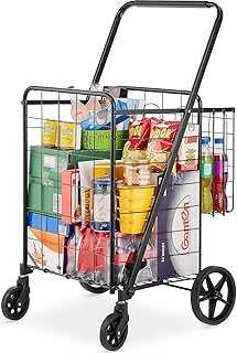 Folding Shopping Cart, Jumbo Grocery Cart with Double Baskets, 360° Swivel Wheels, Heavy Duty Utility Cart, 110 LBS Large Capacity Utility Cart for Laundry, Shopping, Grocery, Luggage