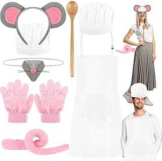 Halloween Mouse Costume Accessories Mouse Headband Nose Tail Adjustable Apron Chef Hat for Halloween Cosplay Party